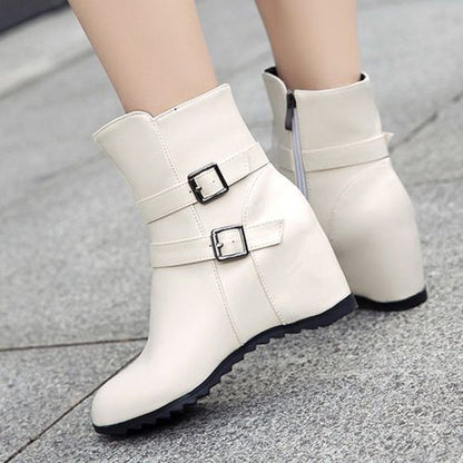 Women Buckle Wedges Heeled Short Boots Winter Shoes