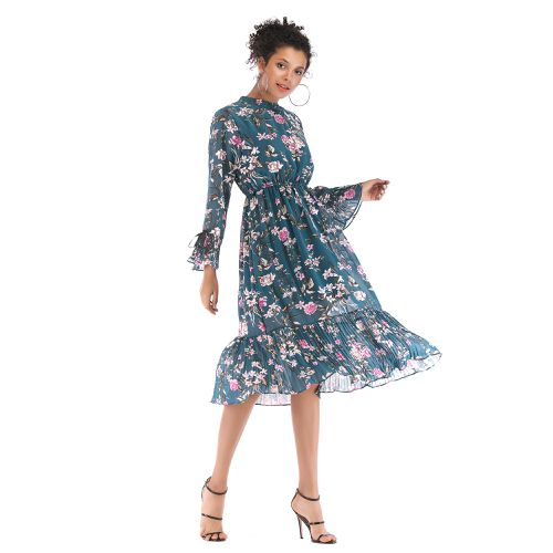Chiffon Spring Summer Beam Waist with Flared Sleeves and Large Floral Skirt Women Dresses