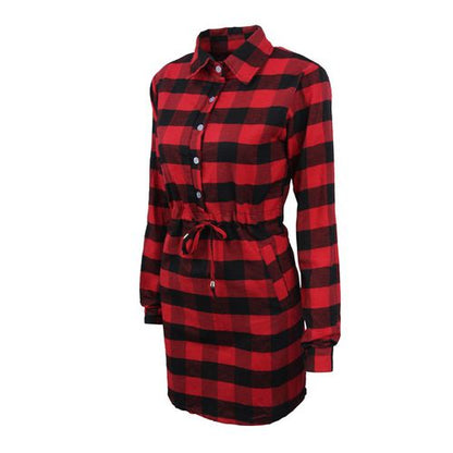 Plaid Shirt Spring Summer Skinny Beam Waist Mid Length A-line Skirt Women Dresses