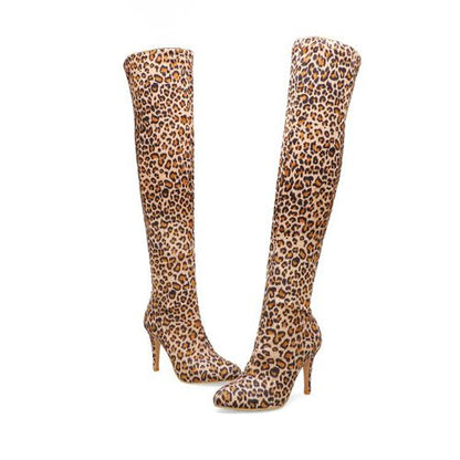 Women Leopard Print High Heels Knee High Boots