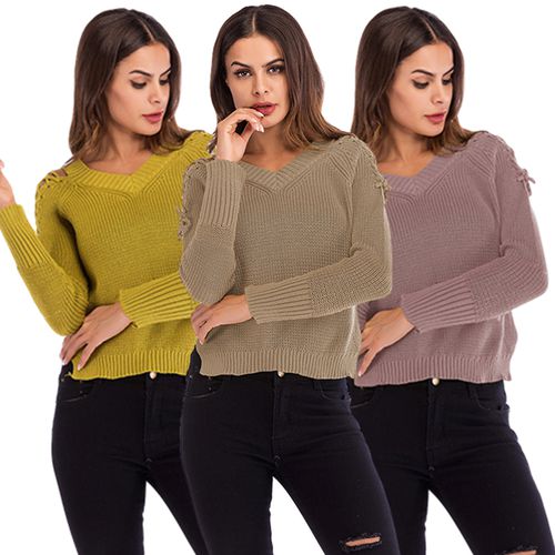 Solid Lace Up Short Sweater Women's Spring Loose Casual V-Neck Sweater