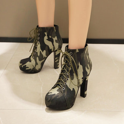 Camouflage Lace Up Platform Ankle Boots High Heels 6927