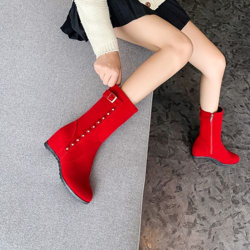 Women Rivets Buckle Wedges Mid Calf Boots Winter Shoes