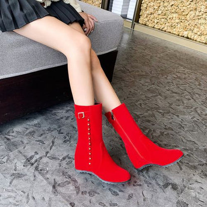 Women Rivets Buckle Wedges Mid Calf Boots Winter Shoes