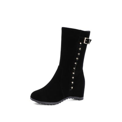 Women Rivets Buckle Wedges Mid Calf Boots Winter Shoes