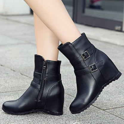 Women Buckle Wedges Heeled Short Boots Winter Shoes