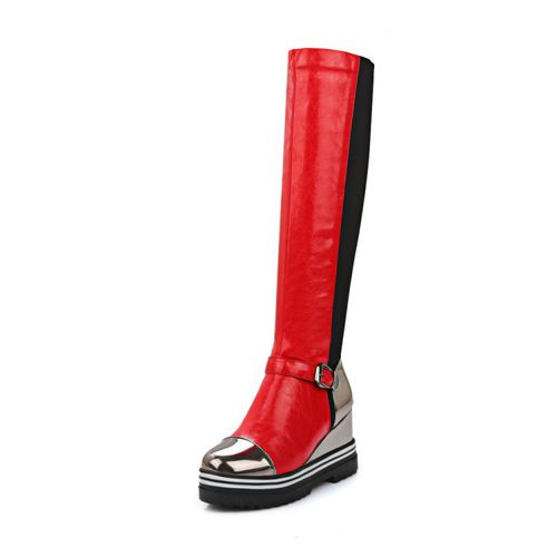 Women Patent Leather Platform Wedges Knee High Boots