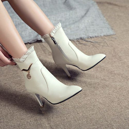 Women Pointed Toe Lace High Heels Short Boots Winter Shoes