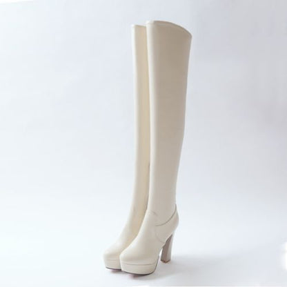 Round Toe Women High Heel Knee High Platform Boots