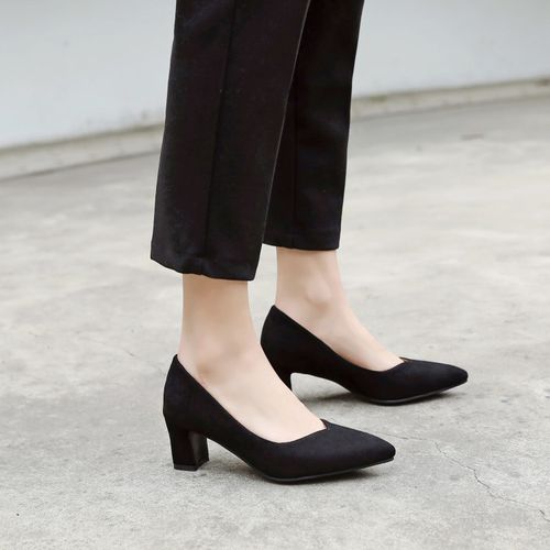 Women Suede Pointed Toe High Heeled Chunky Heels Pumps