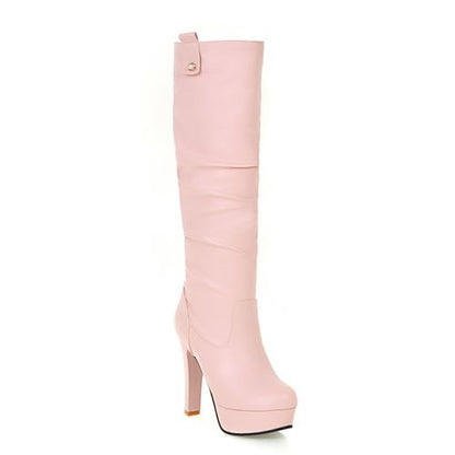 Women PU Leather High Heels Platform Knee High Boots