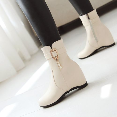 Women Buckle Pearl Wedges Heels Short Boots Winter Shoes
