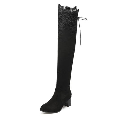 Lace Velvet Women High Heel Knee High Boots