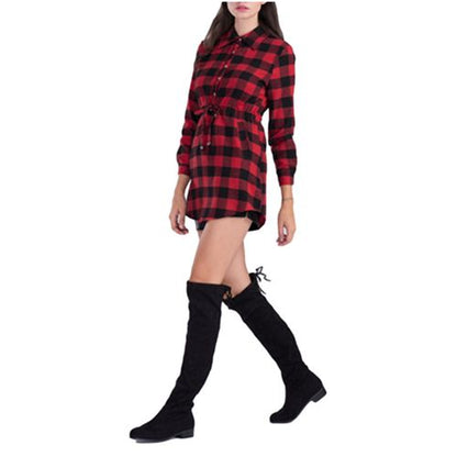 Plaid Shirt Spring Summer Skinny Beam Waist Mid Length A-line Skirt Women Dresses