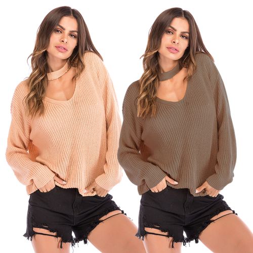 Solid Color Neck Tripping Sweater Women Spring Loose Crochet Hundred Knitwear