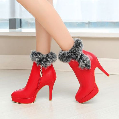 Pointed Toe Furry Women High Heels Short Boots