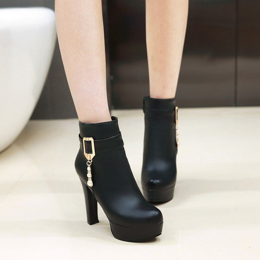Pu Leather Chunky Heels Short Boots Plus Size Women Shoes 6168