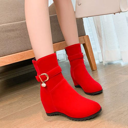 Women Metal Buckle Pearl Wedges Short Boots Winter Shoes