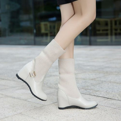 Women Buckle Wedges Heels Short Boots Winter Shoes