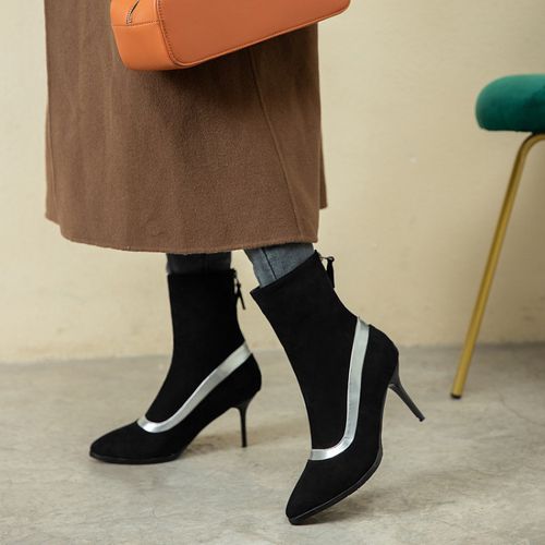 Women Pointed Toe Zipper High Heels Short Boots