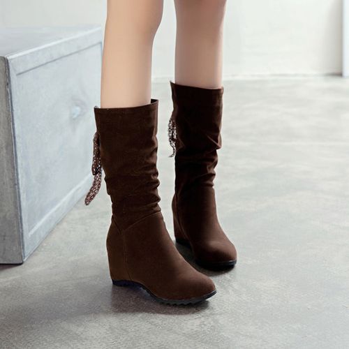 Women Lace Wedges Mid Calf Boots Winter Shoes