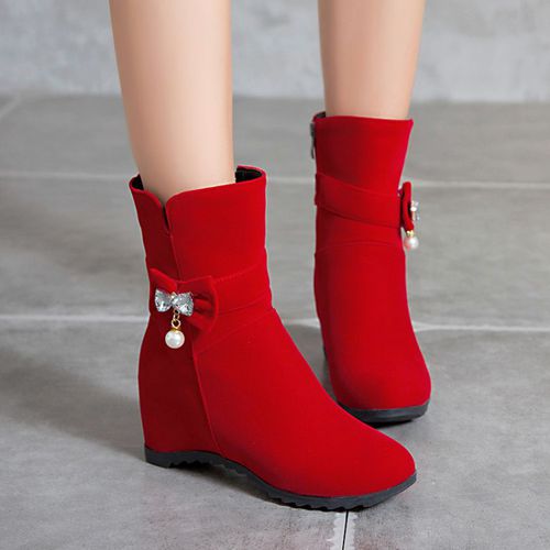 Women Bow Tie Pearl Wedges Short Boots Winter Shoes