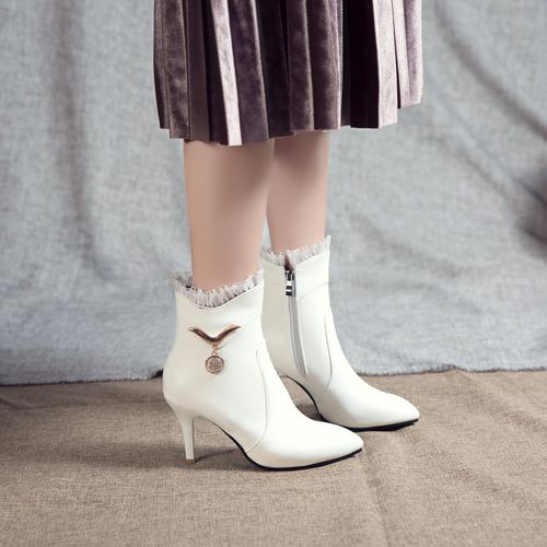 Women Pointed Toe Lace High Heels Short Boots Winter Shoes