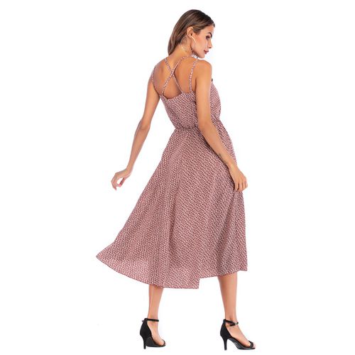 V-neck Casual Open Back Split Floral Skirt Pattern Print Suspender Women Dresses