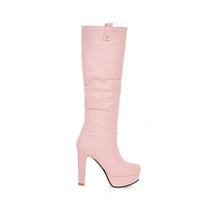 Women PU Leather High Heels Platform Knee High Boots